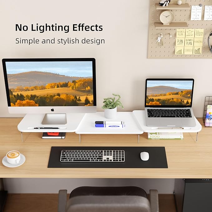 LED Dual Monitor Stand Riser for 2 Monitors,Office Desktop Wooden Stand Adjustable Length and Angle 3 Shelf,Extra Long Multifunctional Stand up to 39.3" for Computer,Laptop,TV,White