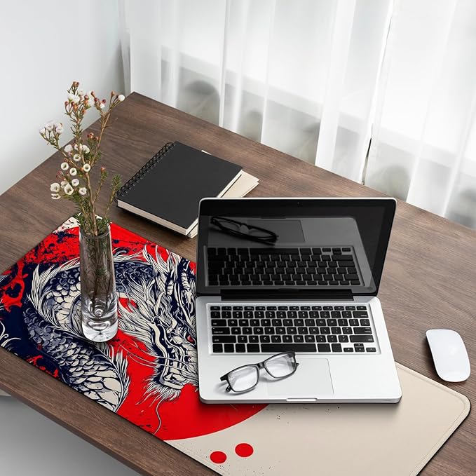 Japanese Dragon Gaming Mouse Pad with Non-Slip Rubber Base, Large Anime Mousepad with Stitched Edges, Long Keyboard Desk Mat for Home and Office, 31.5 x 11.8 inches
