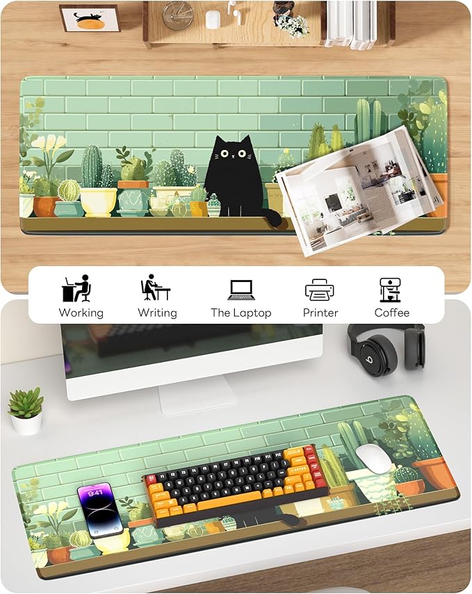 Cute Cat Mouse Pad, 31.5 x 11.8 Large Desk Mat with Stitched Edges & Non-Slip Base, Mousepad for Office, Home, Work