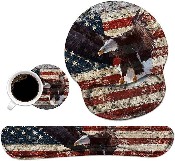 Keyboard Wrist Rest and Mouse Pad Wrist Support Set with Coasters, Non-Slip PU Base, Easy Typing and Relieve Wrist Pain, Perfect for Home Office Working Studying, Military Wall Graffiti USA Flag Eagle