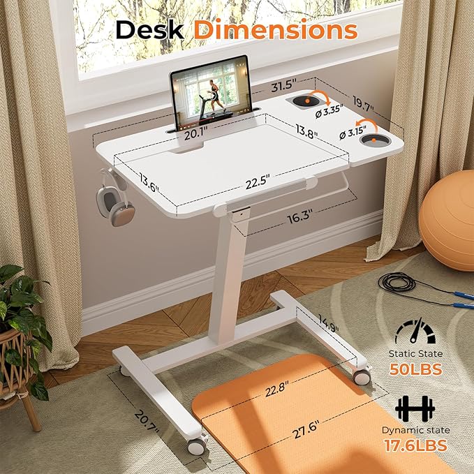 JOY worker Tiltable Treadmill Walking Pad Desk, 31.5" Small Pneumatic Height Adjustable Standing Desk with Cup Holder & Towel Rack, Mobile Bike Trainer/Cycling Stand for Home Office Fitness, White