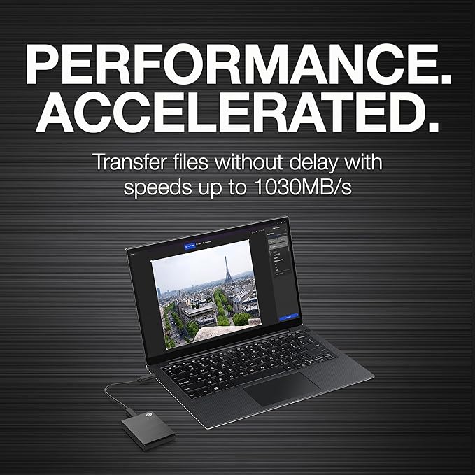 Seagate One Touch SSD 1TB External SSD Portable – Black, speeds up to 1030MB/s, 6mo Mylio Photo+ subscription, 6mo Dropbox Backup Plan and Rescue Services (STKG1000400)