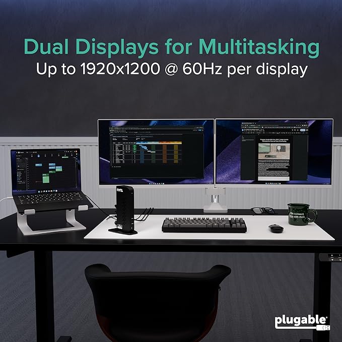 Plugable USB 3.0 and USB-C Universal Laptop Docking Station with 2 HDMI Ports for Windows, Mac (Driver Required), and ChromeOS, Gigabit Ethernet, Audio