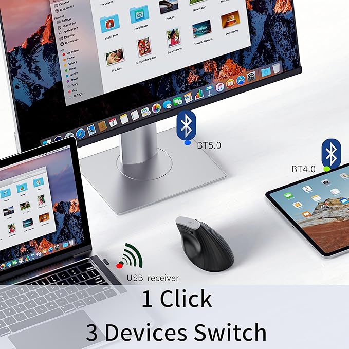 Uineer Ergonomic Bluetooth Mouse 5.0/4.0 Mouse, 2.4GH Vertical Wireless Mousewith USB-A Receiver, Battery Powered, 3 Multi-Device Connectivity for Computer/PC/Laptop, 4 DPI Optical Gaming Office Mice