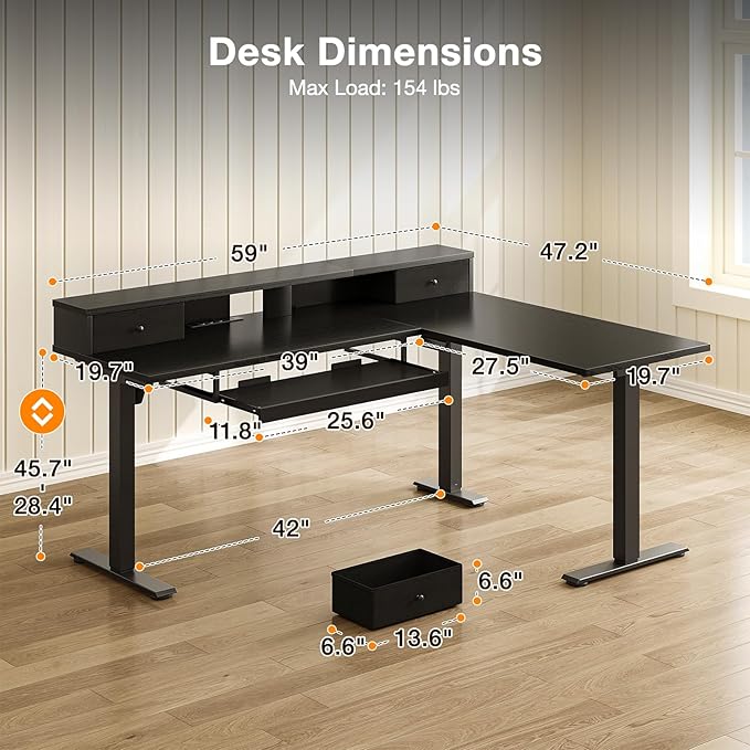Casaottima 59 Inch Electric L-Shaped Standing Desk with Drawers, Height Adjustable Stand Up Corner Desk with Monitor Stand & Keyboard Tray, Lift Table for Home Office, Workstation, Black