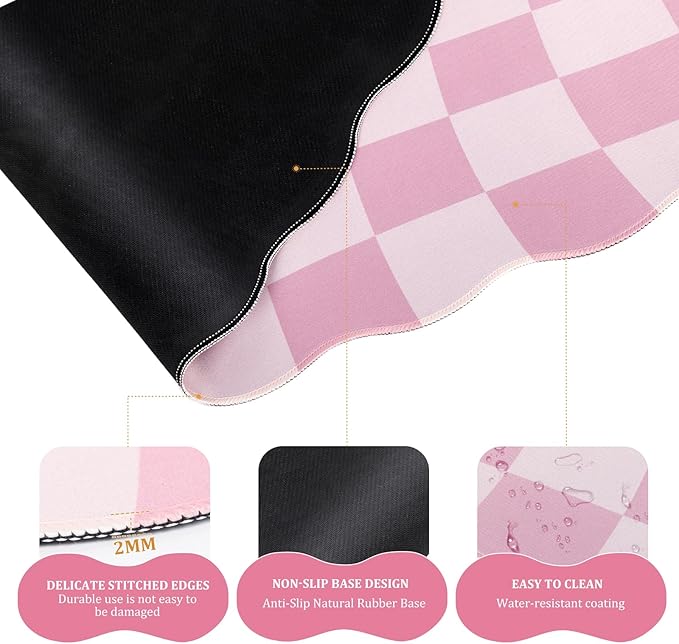 L-SPOUTTO Pink Checkered Mouse Pad Set,Scalloped XXL Desk Mat + Ergonomic Mouse Wrist Rest + Gel Keyboard Wrist Rest for Keyboard 65%/75%,3in1 Large Desk Pad for Desktop Home Office Computer Game