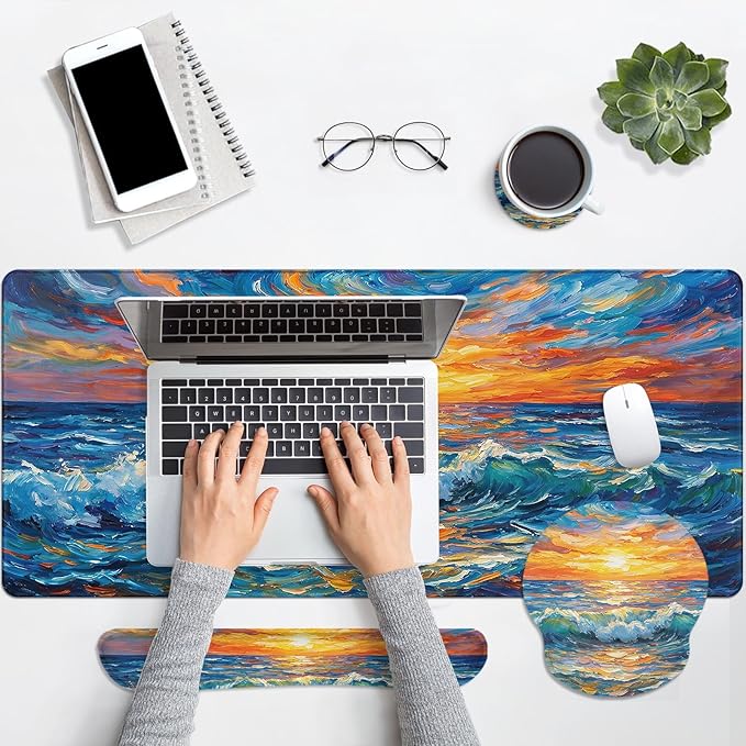 Arttown Abstract Ocean Sun Desk Mat Blue Mouse Pad Set 4 in 1 Ergonomic Design Large Mouse Pad + Keyboard Wrist Rest + Mouse Wrist Rest + Coaster Suitable for Home Office Study Game