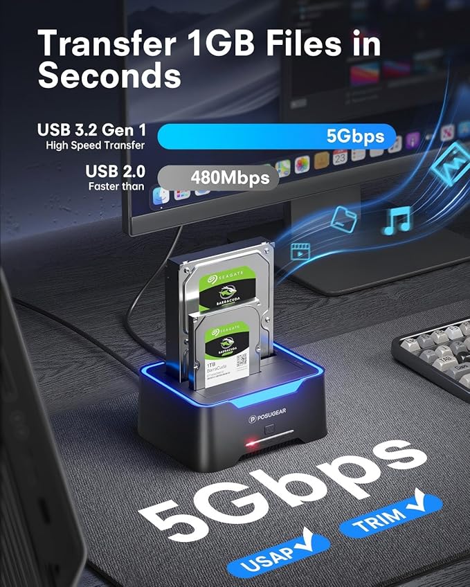 POSUGEAR External Hard Drive Docking Station, RGB Hard Drive Dock for 2.5/3.5 inch SATA HDD SSD, HDD Docking Station with 2 x 20TB Dual Bay, USB 3.0 Hard Drive Reader, Support Offline Clone and UASP