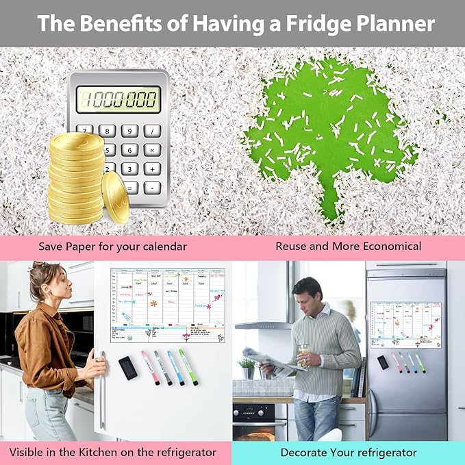 POPRUN Magnetic Weekly Dry Erase Fridge Calendar, 16.9"x11" Whiteboard Planner for Schedule, Shopping Lists, Household Chores, Ideal for Family, Office, Work and Study