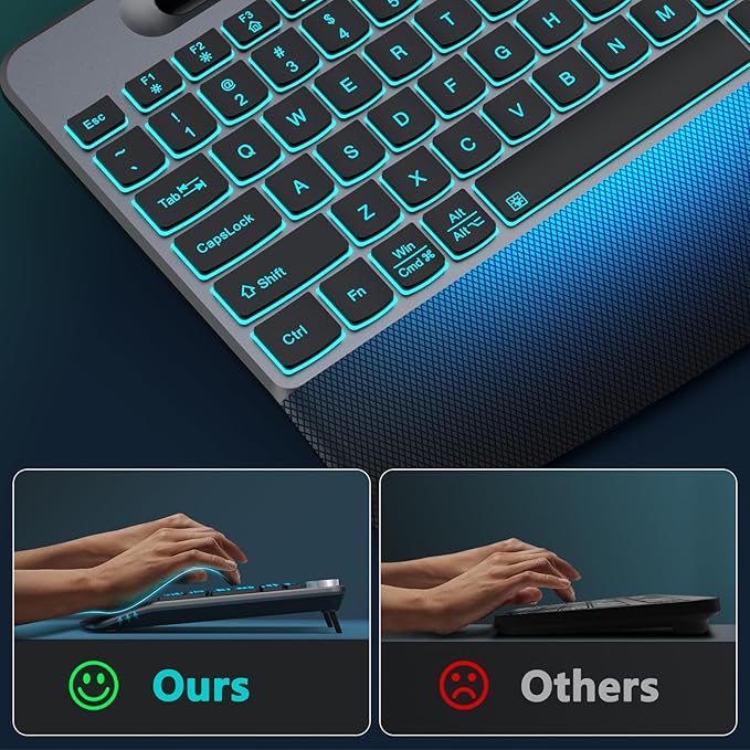 JOYACCESS Ergonomic Wireless Keyboard with Phone Holder,Rechargeable Backlit Wireless Keyboard with Wrist Rest and Volume Knob for Laptop, PC, Mac, Windows-Black Gray