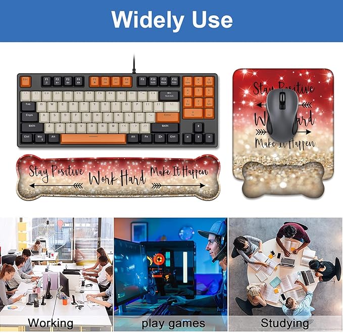 Keyboard Wrist Rest and Mouse Pad Wrist Support Set,Stay Positive Work Hard and Make It Happen Inspirational Quote Non-Slip Rubber PU Base for Home Office Working Studying Easy Typing & Pain Relief