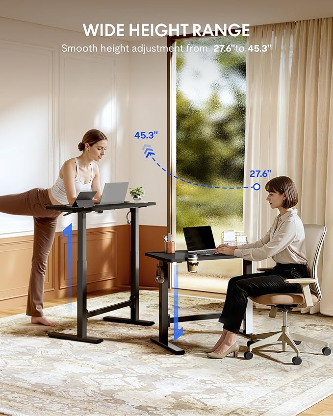 FLEXISPOT H7 Plus Gas Spring Adjustable Standing Desk, Mobile Rolling Sit-Stand Table with Wheels, Cordless Stand Up Desk for Small Spaces & Home Office, 48" One-Piece Desktop Black,Height 27.6"–45"