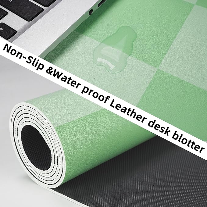 Non-Slip, Waterproof PU Leather Mouse Pad & Desk Blotter - Easy Clean Laptop Mat for Work/Home/Decor (31.5" x 12") (White Green, 31.5in*12in)