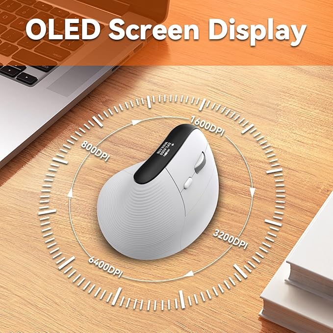 Eelexa Wireless Ergonomic Vertical Mouse with OLED Screen Display for Right Hand, Rechargeable Bluetooth Optical Computer Mice,Compatible with Windows MAC OS (White)
