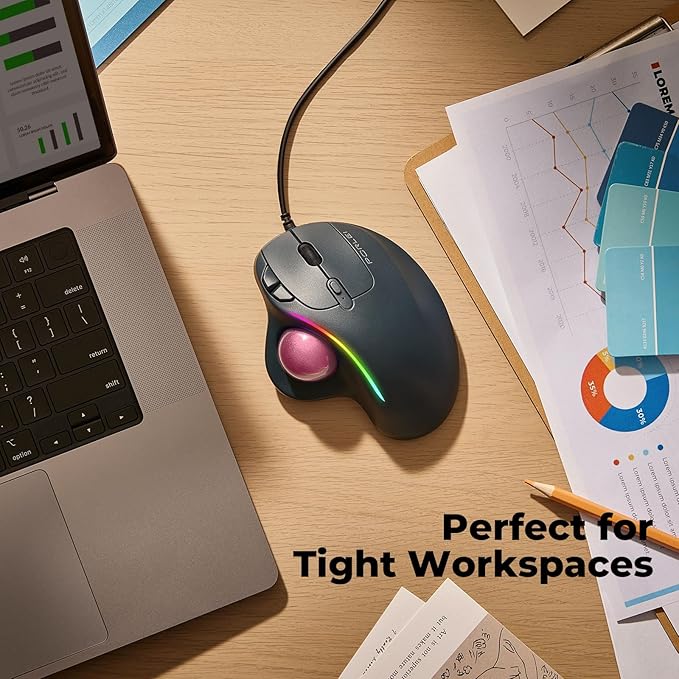 Wired Trackball Mouse with RGB Lighting, Ergonomic Thumb Control to Reduce Muscle Strain, 5 Adjustable DPI, Dual USB-C & USB-A Connectivity, Compatible with PC, Laptop, Mac, Windows-Pink