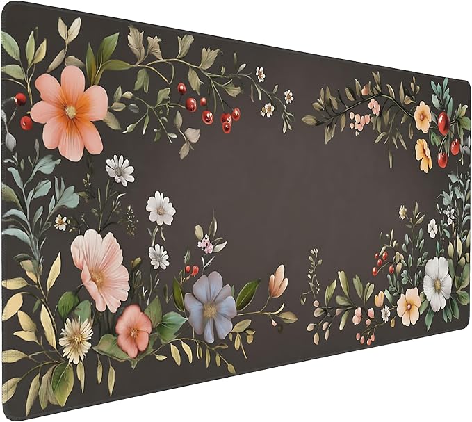Cute Floral Aesthetic Wildflower Gaming Mouse Pad, Dark Charcoal Cottagecore Desk Mat with Anti-Slip Base & Stitched Edges, Computer Keyboard & Laptop Pad, 35.4" x 15.7" in in Workstation Accessories