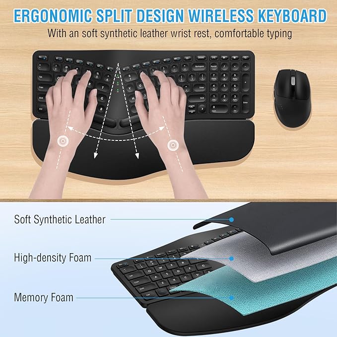 Ergonomic Wireless Keyboard Mouse Combo, EDJO Bluetooth/2.4G Dual Channel, Split Design, Soft Foam Palm Rest, 4 Level DPI Adjustable Wireless Mouse, Rechargeable, for Windows/Mac/Android（Black）