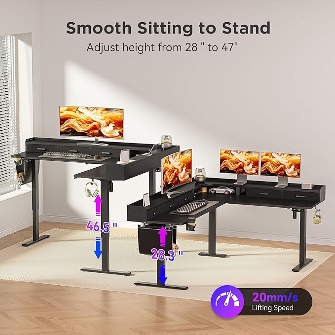 75 Inches Height Adjustable L Shaped Standing Desk with 5 Drawers and Monitor Shelf, Electric Sit to Stand Home Office Comupter Table, Ergonomic Corner Gaming Desk, Black
