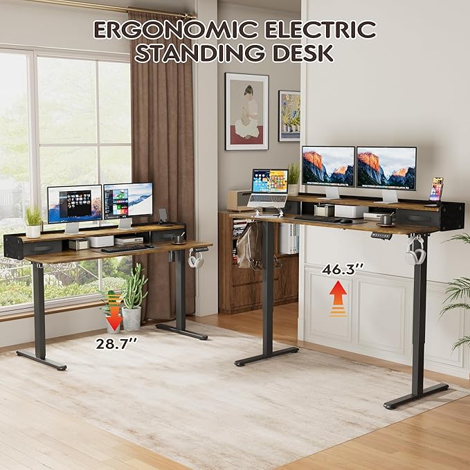 Furmax Electric Standing Desk with Drawers, Stand Up Desk with Storage Shelf Height Adjustable Computer Desk with Organizer for Home Office Ergonomic (Rustic Brown, 55 Inch)