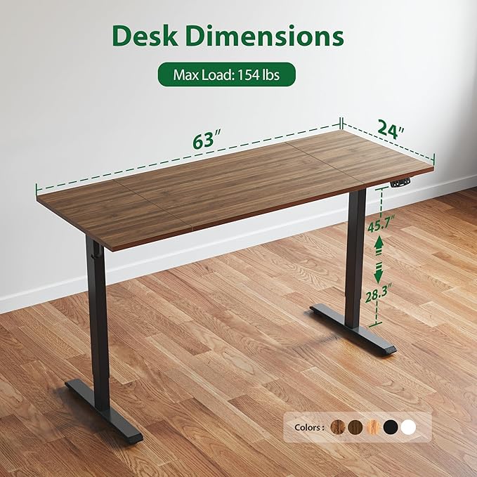 Agilestic Electric Standing Desk, 63 x 24 Inches Height Adjustable Desk, Sit Stand up Desk for Work Office Home, Splice Board, Dark Walnut