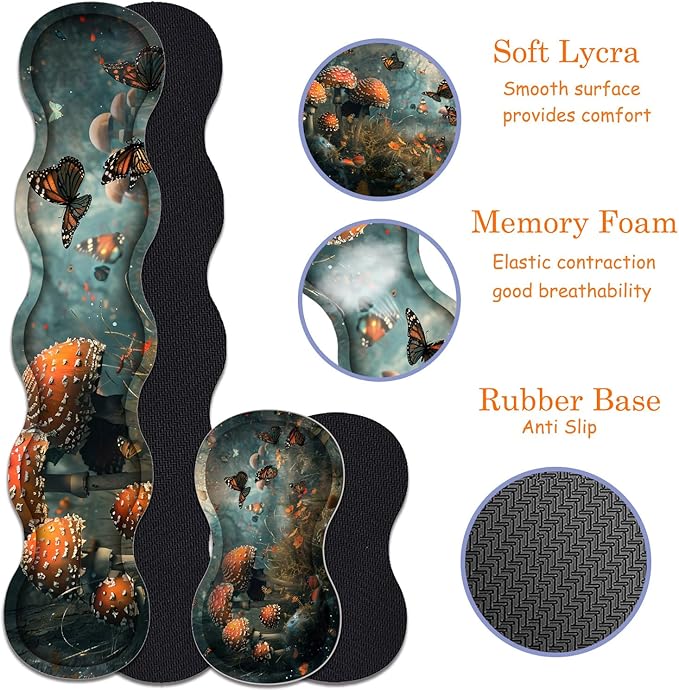 Large Gaming Mouse Pad + Keyboard Wrist Rest + Wrist Support + Coaster Set, Memory Foam Ergonomic for Easy Typing, XXL Extended Gaming Mouse Pad Table Pad - Mushroom Forest Butterfly