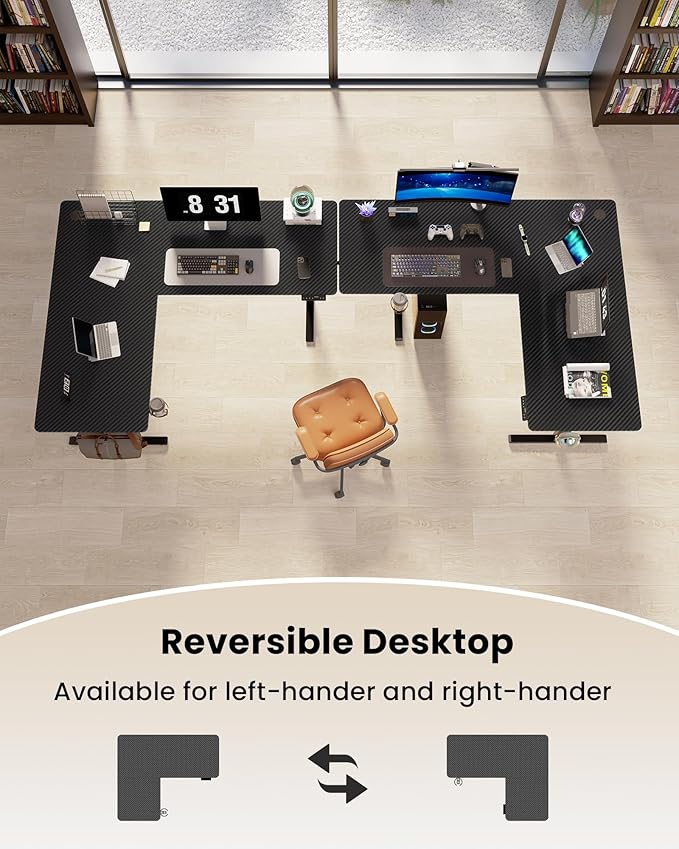63 Inches Reversible L Shaped Standing Desk for Home Office, Electric Height Adjustable Corner Computer Desk, Sit Stand up Table with Cup Holder, Ergonomic Gaming Desk, Black