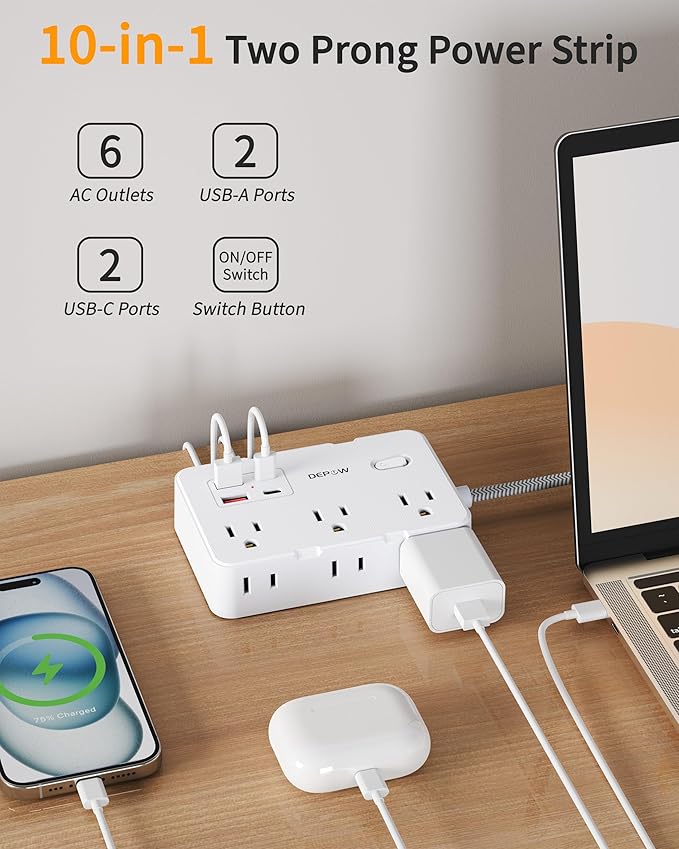 2 Prong to 3 Prong Adapter Power Strip, 10 FT Extension Cord with 6 Outlets & 4 USB Ports (2 USB-C), 1050J Two Prong Surge Protector, Wall Mount - Ideal for Old Houses