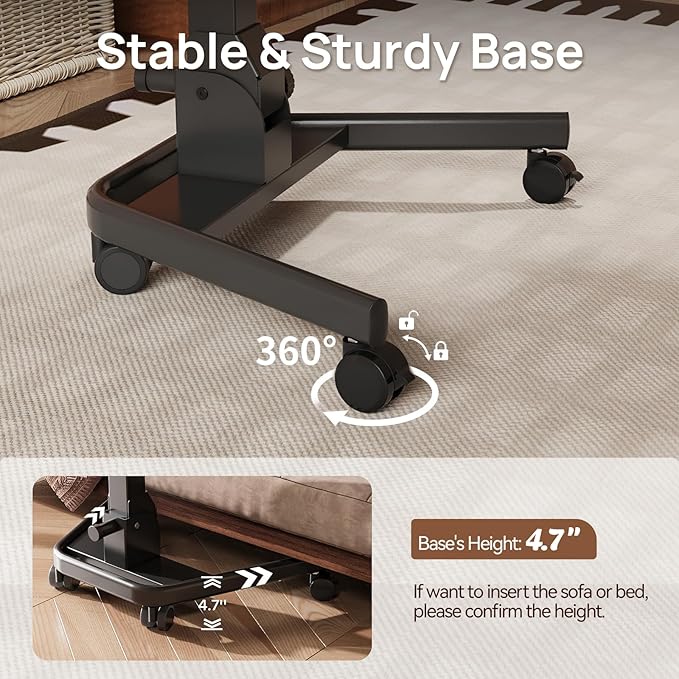 Foldable Mobile Standing Desk, Pneumatic Height Adjustable Rolling Sit Stand Desk, 90° Tiltable Portable Laptop Cart on Wheels, Mobile Desk Workstation for Home Office, Easy to Fold