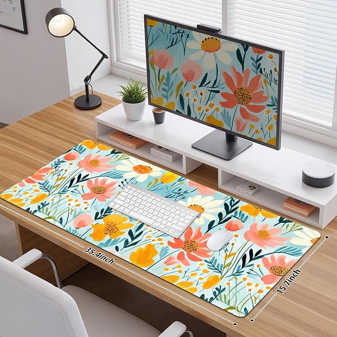 Floral Plant Desk Pad Mouse Pad, Large Gaming Mouse Mat with Stitched Edges, Non-Slip Waterproof Rubber Base Mous Mat for Office Computer Keyboard Laptop Home Decor Women (35.4X17.5 in),Botanical