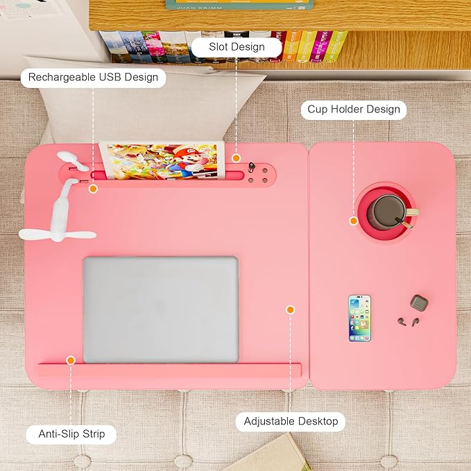 Laptop Desk for Bed, Adjustable Laptop Stand with 5 Different Angles, Portable Lap Tray Table with USB Charge Port and Cup Holder, Laptop Bed Desk Tray for Eating Working Writing (Pink)