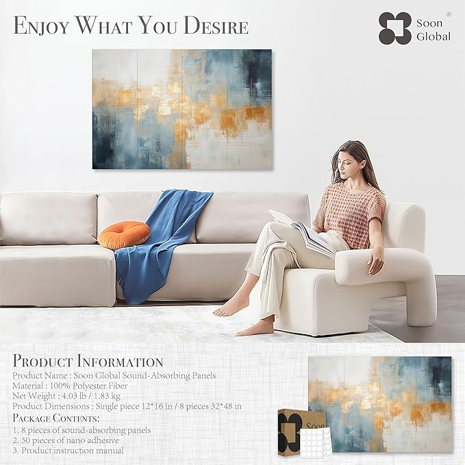 8-Pack Acoustical Wall Panels, 48 X 32 Inches Art Acoustic Panels, Decorative Acoustic Panels, Acoustic Wall Panels, Sound Absorbing Wall Art, Teal Aura