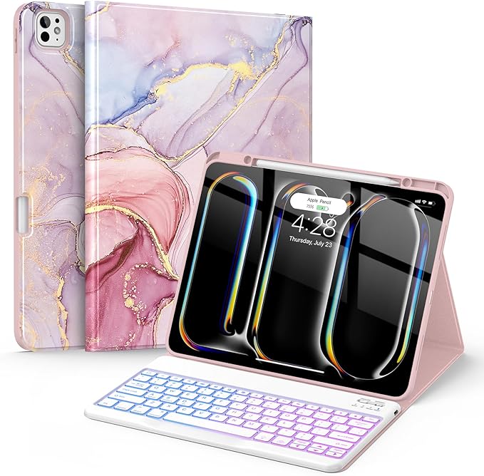 Soke Keyboard Case for iPad Pro 13 Inch (M5 2025/M4 2024), 7-Color Backlit Detachable Bluetooth Keyboard, Folio Stand TPU Back Cover with Pencil Holder for iPad Pro 13", Pink Marble