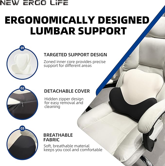 Lumbar Support Cushion, Memory Foam Back Support for Pain Relief, Ergonomic Waist Cushion for Office Chair, Car Seat, and Home, Removable & Washable Cover