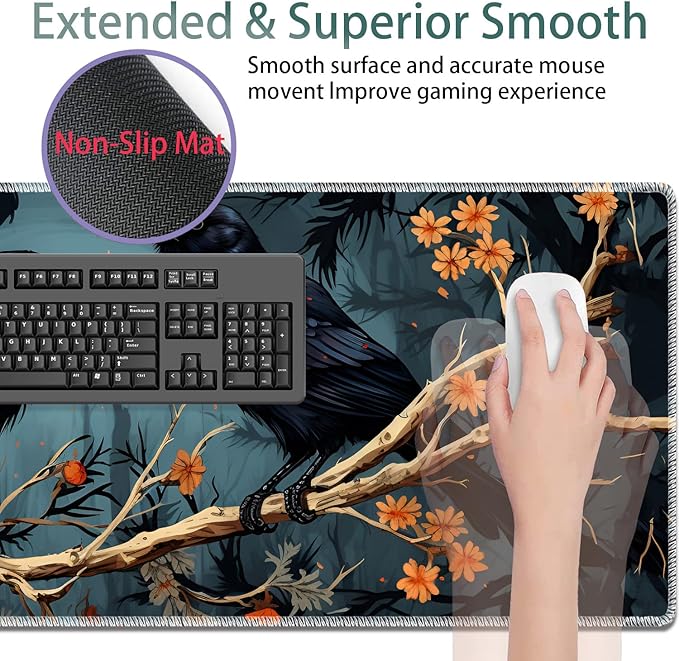Large Gaming Mouse Pad + Keyboard Wrist Rest + Wrist Support + Coaster Set, Memory Foam Ergonomic for Easy Typing, XXL Extended Gaming Mouse Pad Table Pad - Branch Crow