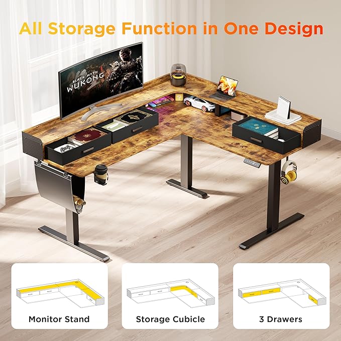 63 Inches Height Adjustable L Shaped Standing Desk with 3 Drawers and Monitor Shelf, Electric Corner Comupter Desk, Sit Stand up Home Office Desk, Ergonomic Gaming Desk, Rustic Brown