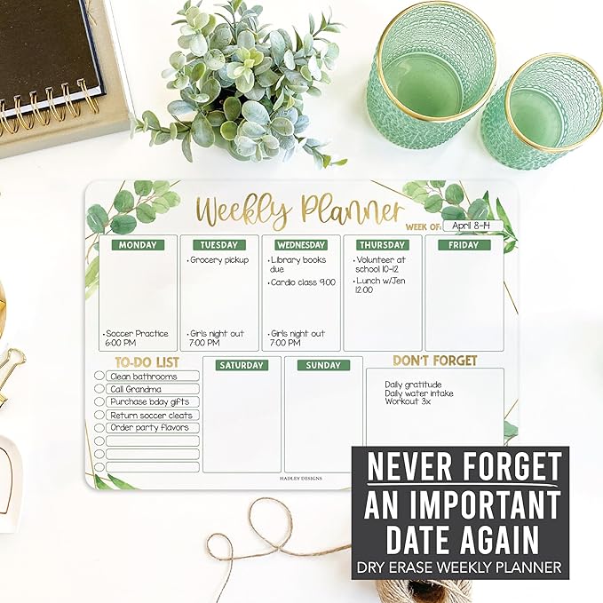 Greenery Dry Erase Weekly Calendar for Fridge - Magnetic Whiteboard, Schedule Board, White Board