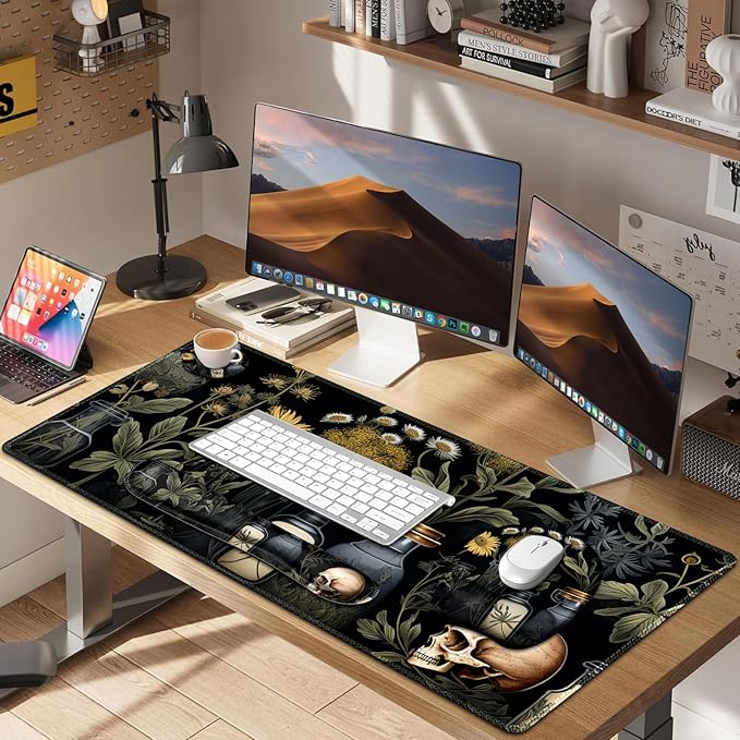 Large Mouse Pad with Wrist Support 4 in1 Set, XXL Big Game Mousepad + Keyboard Wrist Rest+Mouse Wrist Rest+Coaster Gaming Mat for Home Office Computer I Black Academia Mystical Green Plant