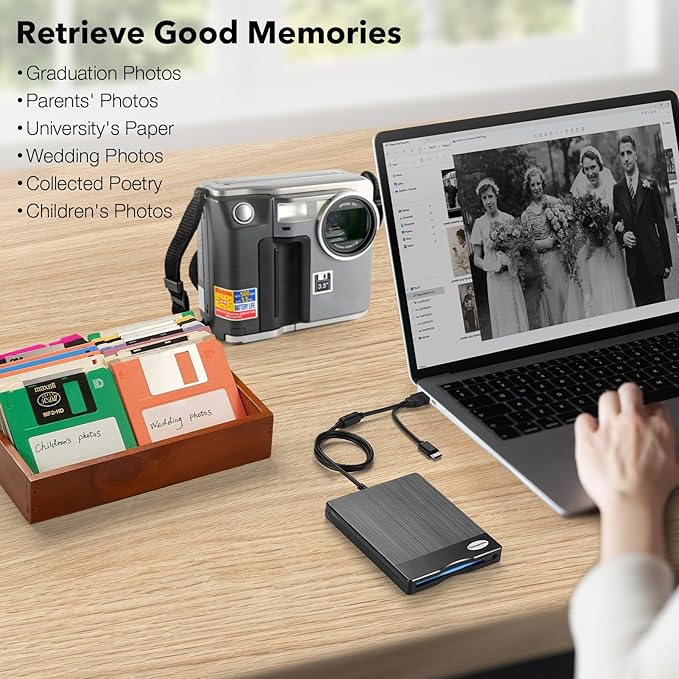 Floppy Disk Reader 3.5 inch USB Floppy Disk Drive External 3 1/2 Floppy disc Reader Portable Floppy Diskette Drive USB C for PC Laptop Notebook Computer with Windows 11/10(Plane Texture, 3.5 Inch)