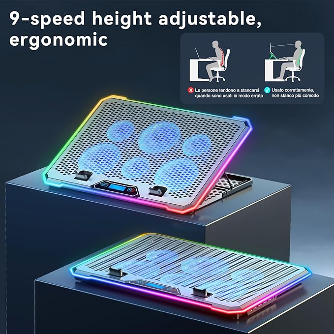 Aluminum Alloy RGB Gaming Laptop Cooler with 6 Fans and LCD Screen - 10 RGB Modes Memory Function, 4 USB Ports 3.0 and 2.0 Hub, 9 Height Adjustable for 10 to 21 Inch Laptops on Desk or Lap