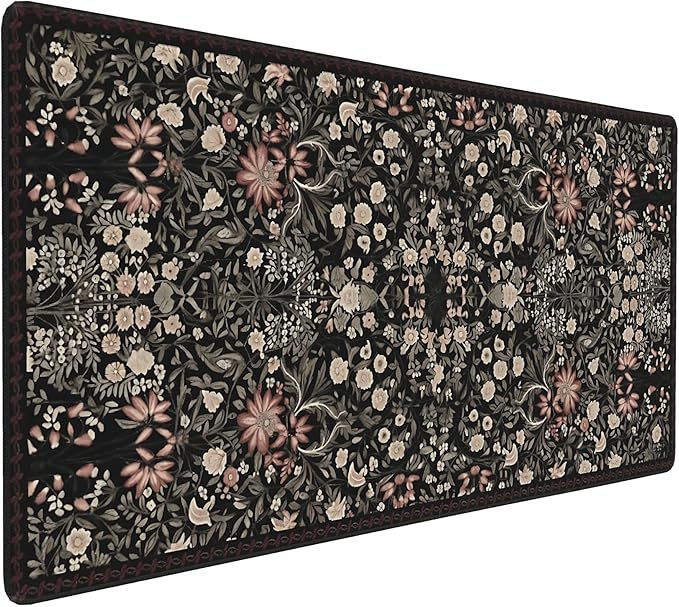 Floral Aesthetic Wildflower Gaming Mouse Pad, Black Rug Desk Mat with Anti-Slip Base & Stitched Edges,35.4" x 15.7" in Desk Accessories for Women, Home Office Decor & Artistic Gift