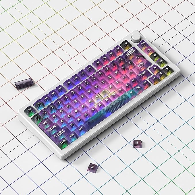 Retro Anime PBT Keycaps-Cherry Keycaps, Custom Keyboard Key caps 60 65 75 100 Percent, 5 Side Dye Sublimation 141 Keys Set for Cherry Gateron MX Switches Keyboards, White (Transparent Purple)