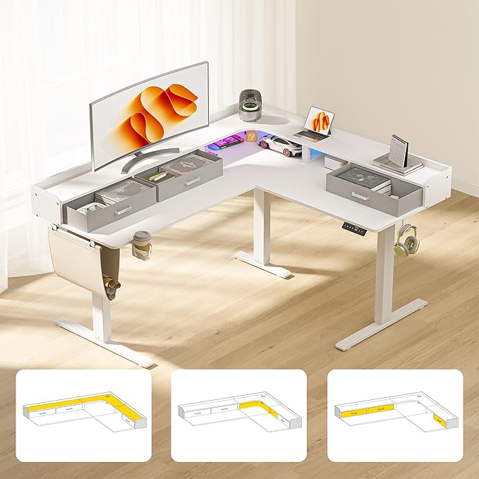 63 Inches Height Adjustable L Shaped Standing Desk with 3 Drawers and Monitor Shelf, Electric Sit to Stand Home Office Comupter Table, Ergonomic Corner Gaming Desk, White