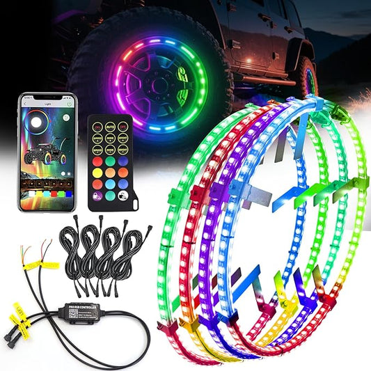 Tavaray 4PCS 17" Double Sided RGB LED Wheel Ring Lights with APP & Remote Control, 178+DIY Dynamic Modes w/Turn Signal Braking and Reverse Function Wheel Lights for Trucks Pickups Cars Offroad