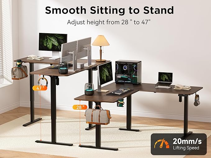 75x61 Inches Reversible L Shaped Standing Desk Height Adjustable with Cup Holder, Electric Corner Computer Workstation for Home Office, Ergonomic Sit Stand up Gaming Desk, Black Walnut