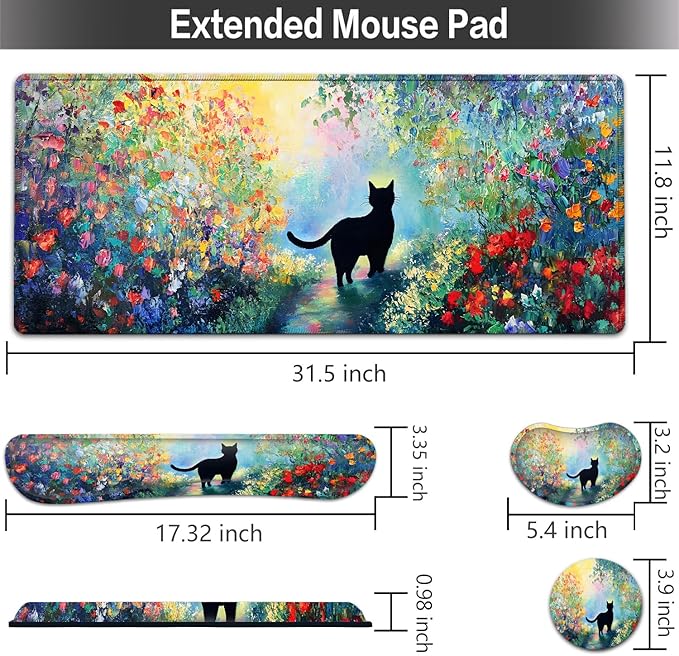 Large Mouse pad and Keyboard Support Set, Ergonomic Memory Foam Keyboard Wrist Rest, Extended Gaming Mouse Pad with Stitched Edges, Black Cat in The Garden XXL Desk Mat (31.5 X 11.8 in)