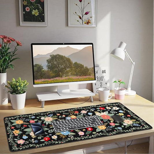 HAOCOO Floral Desk Pad for Keyboard and Mouse, Large Mouse Pad for Desk, Non-Slip Keyboard Mat, Computer Mats for Desk, Desk Pad with Stitched Edges for Office, Gaming(Black)