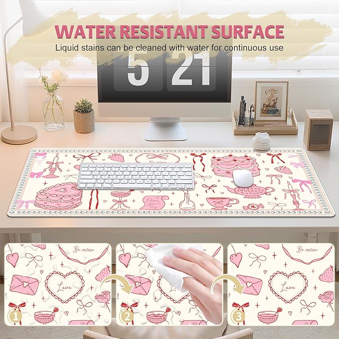 Desk Pad for Keyboard and Mouse, Large Mouse Pad for Desk, Non-Slip Keyboard Mat, Computer Mats for Desk, Cute Desk Pad with Stitched Edges for Office, Gaming I Kawaii Pink Bow Heart