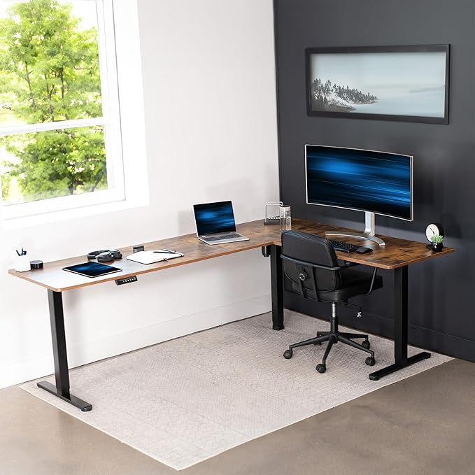 VIVO Corner Standing Desk, 84 x 63 inch Reversible L-Shaped Workstation, Electric Height Adjustment, Home, Office, and Reception Rooms, Rustic Vintage Brown Table Top Black Frame, DESK-E3CTBN-84