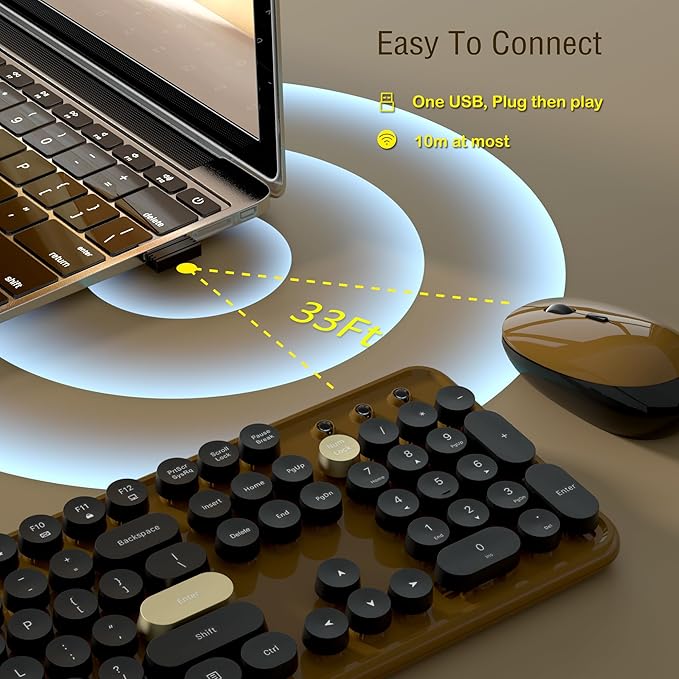 Wireless Keyboard and Mouse Combos, Retro Keyboard and Mouse Wireless Full Size, 2.4Ghz Connection and Optical Mouse for Windows, Mac, PC, Laptop for Home and Office (Coffee-Black)