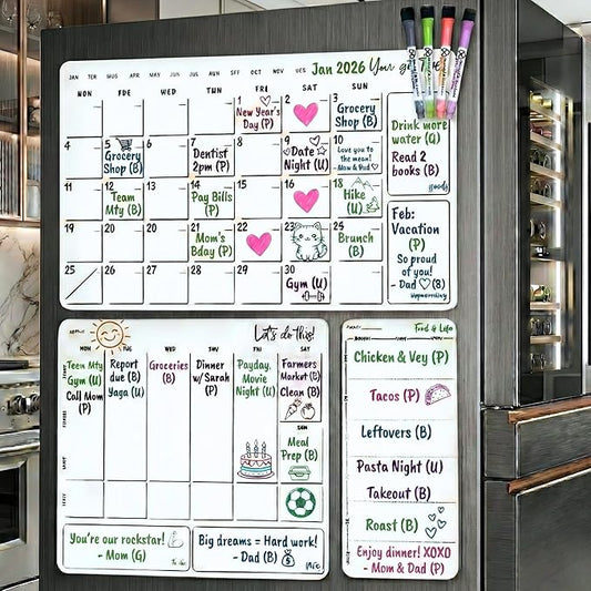 Magnetic Dry Erase Calendar for Fridge – 3 Pack Monthly Whiteboard Meal Planning Board w/4 Markers – Daily Task, Weekly Planner & Schedule Board for Refrigerator, Kitchen & Office Use